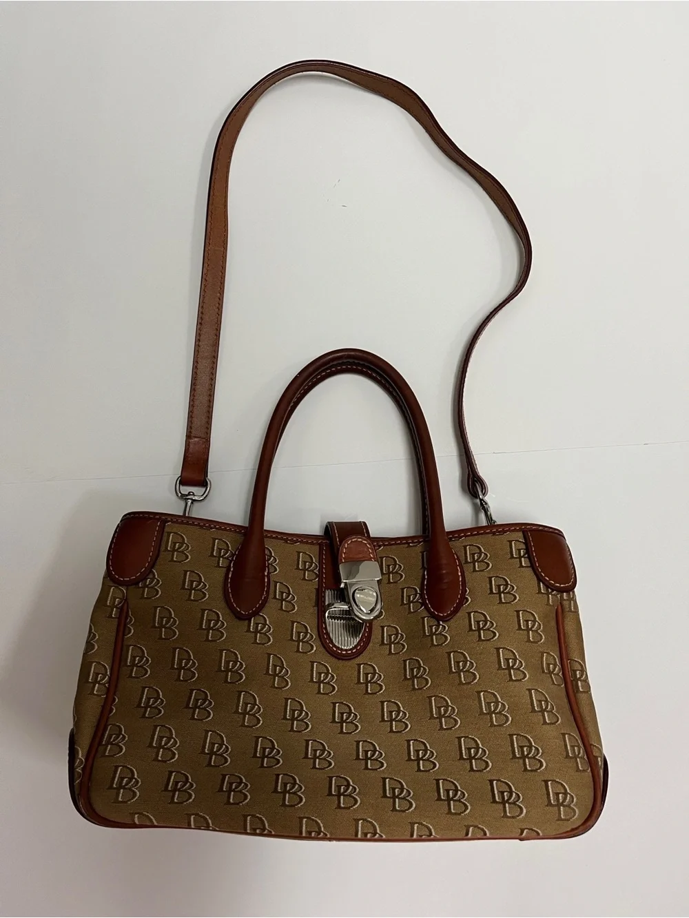 Dooney & Bourke Tan Monogram Satchel with Brown Leather Trim with strap